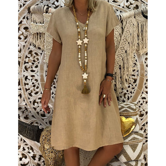 🔥Women's Dress Summer Polyester-cotton blend Dresses Casual V Neck Midi Dress