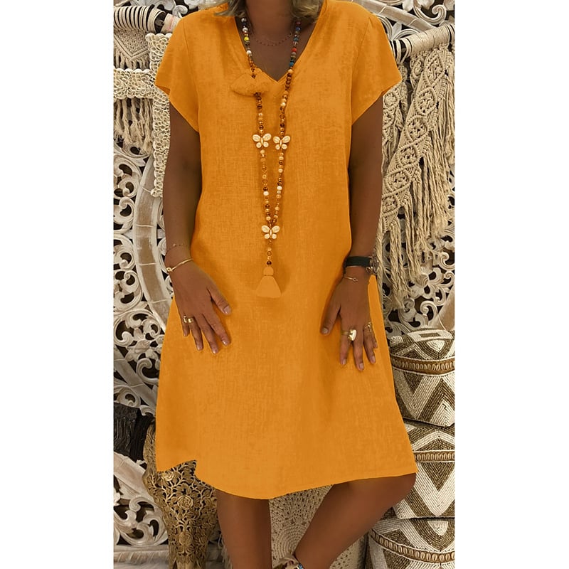 🔥Women's Dress Summer Polyester-cotton blend Dresses Casual V Neck Midi Dress