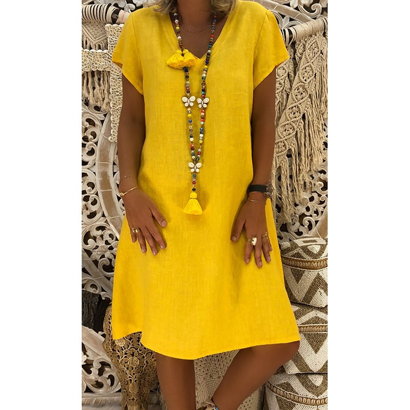 🔥Women's Dress Summer Polyester-cotton blend Dresses Casual V Neck Midi Dress