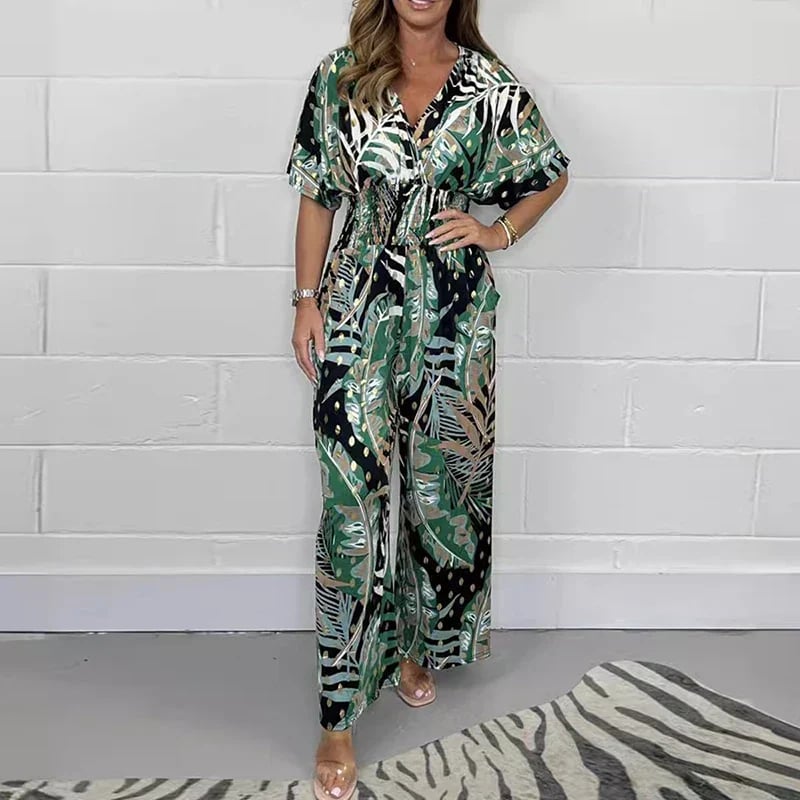 🌸Up to 40% off🔥Women's Summer Fashion Leaf Print Plus Size Bodysuit with Elastic Waist